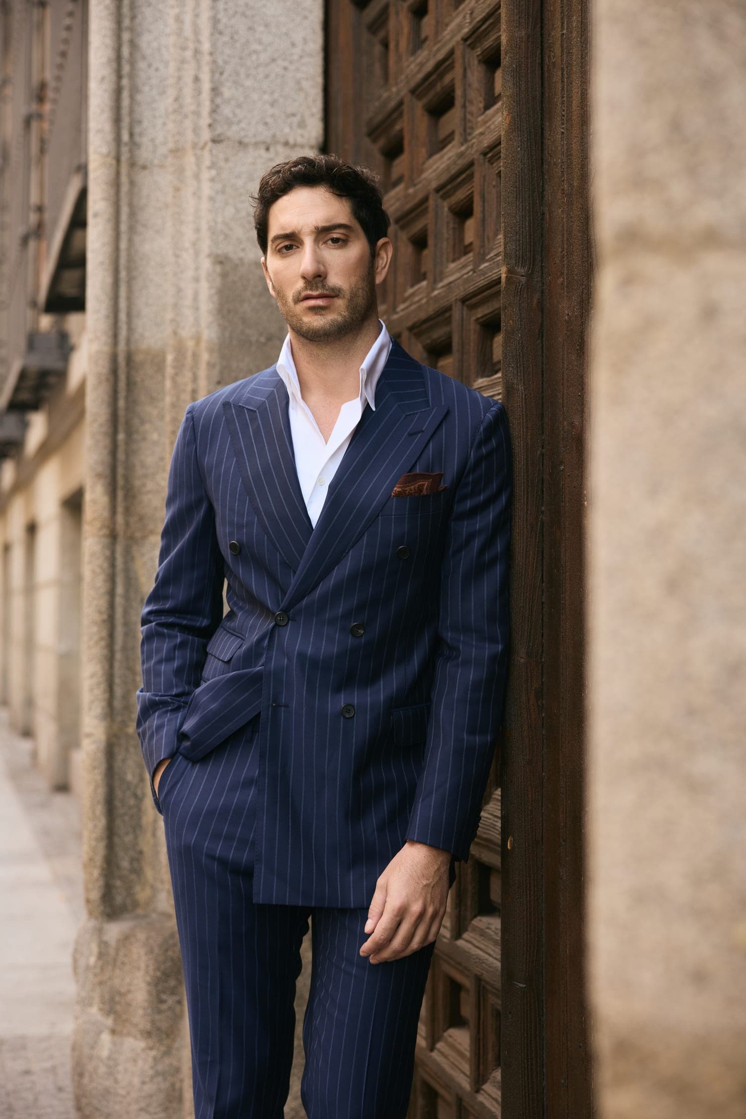 Navy pinstripe, double breasted