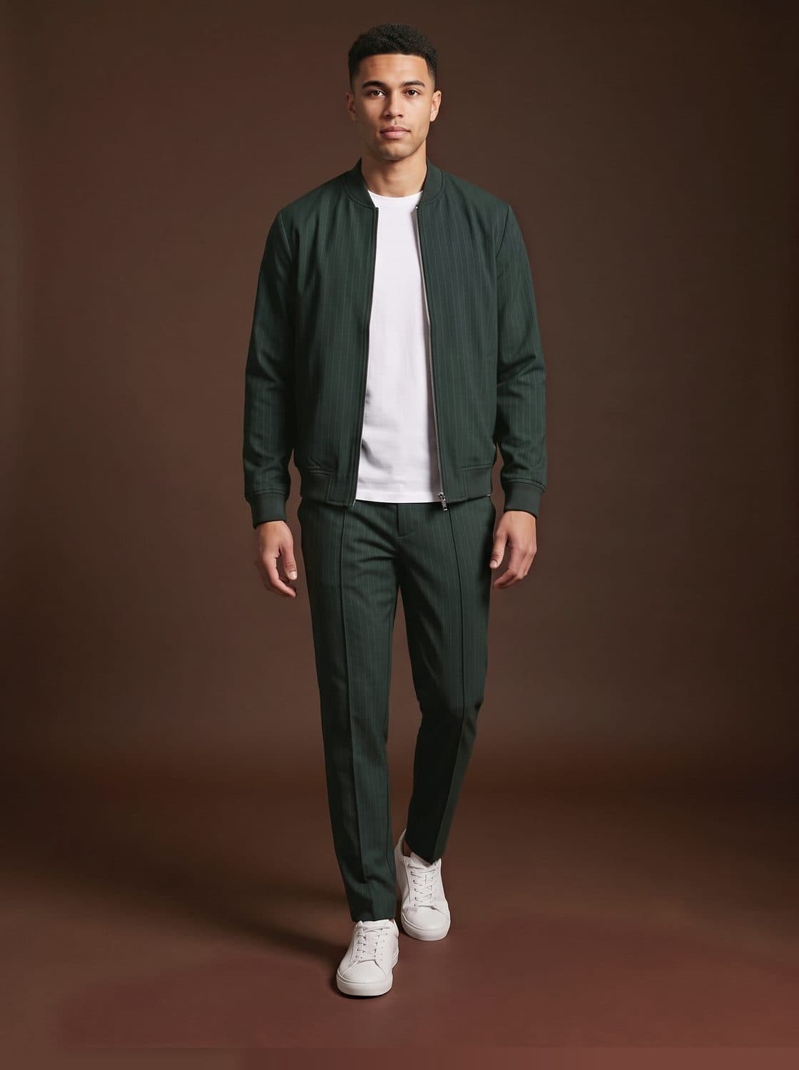 Green Pinstripe Trackie Suit, worn by a model