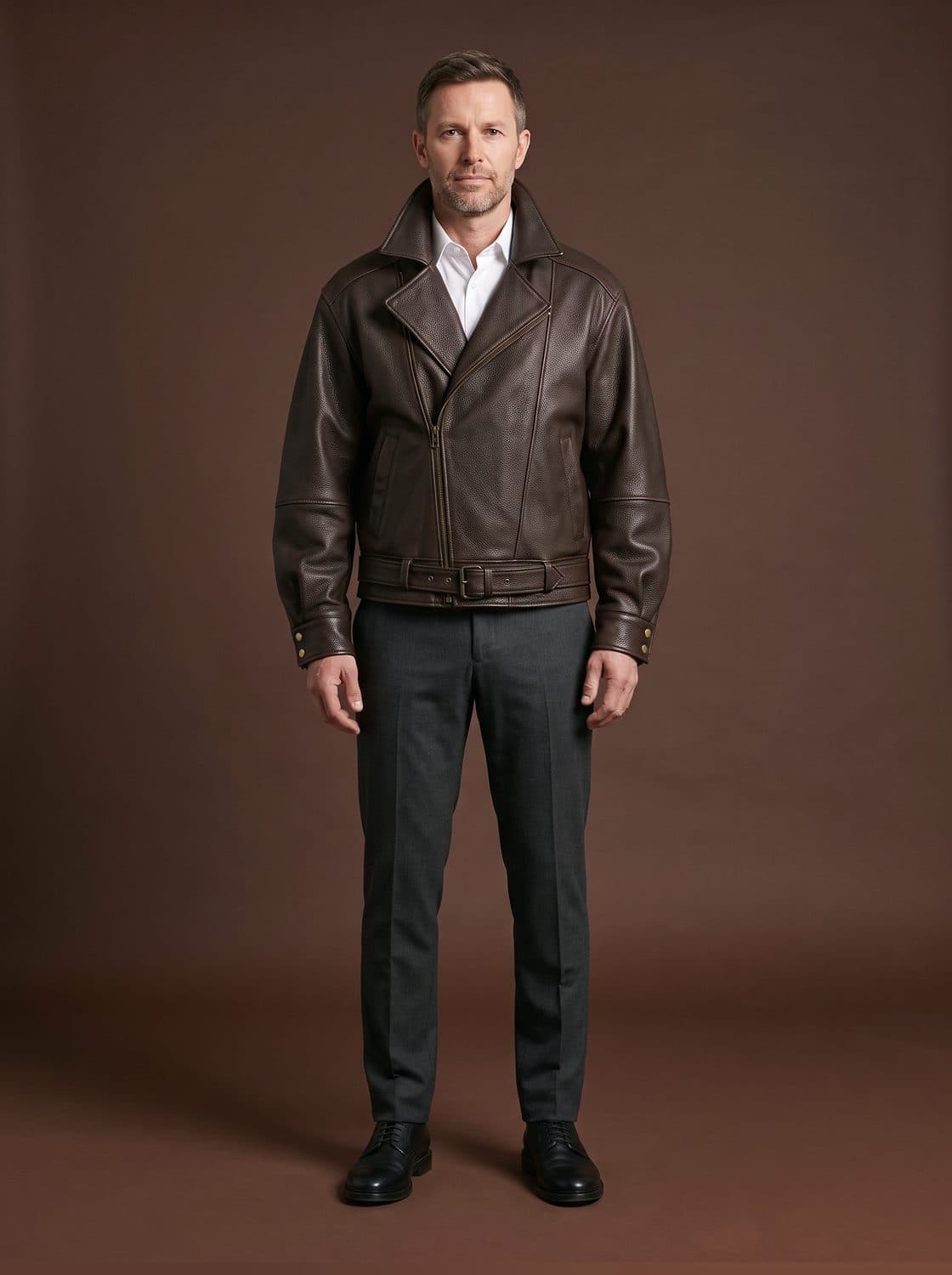 Orwell Leather Jacket, worn by a model